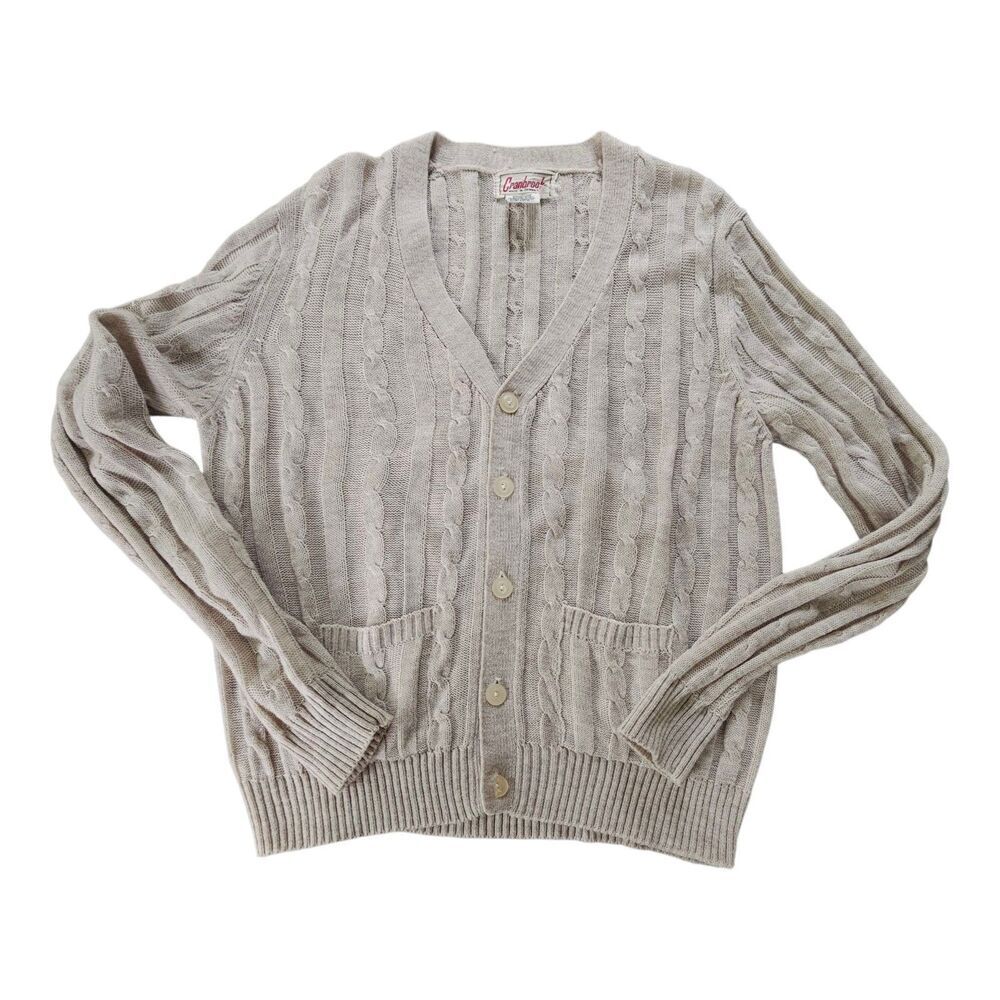 Vintage Cranbrook Mens Cable Knit Cardigan Sweater Size L Oatmeal Beige Grandpa